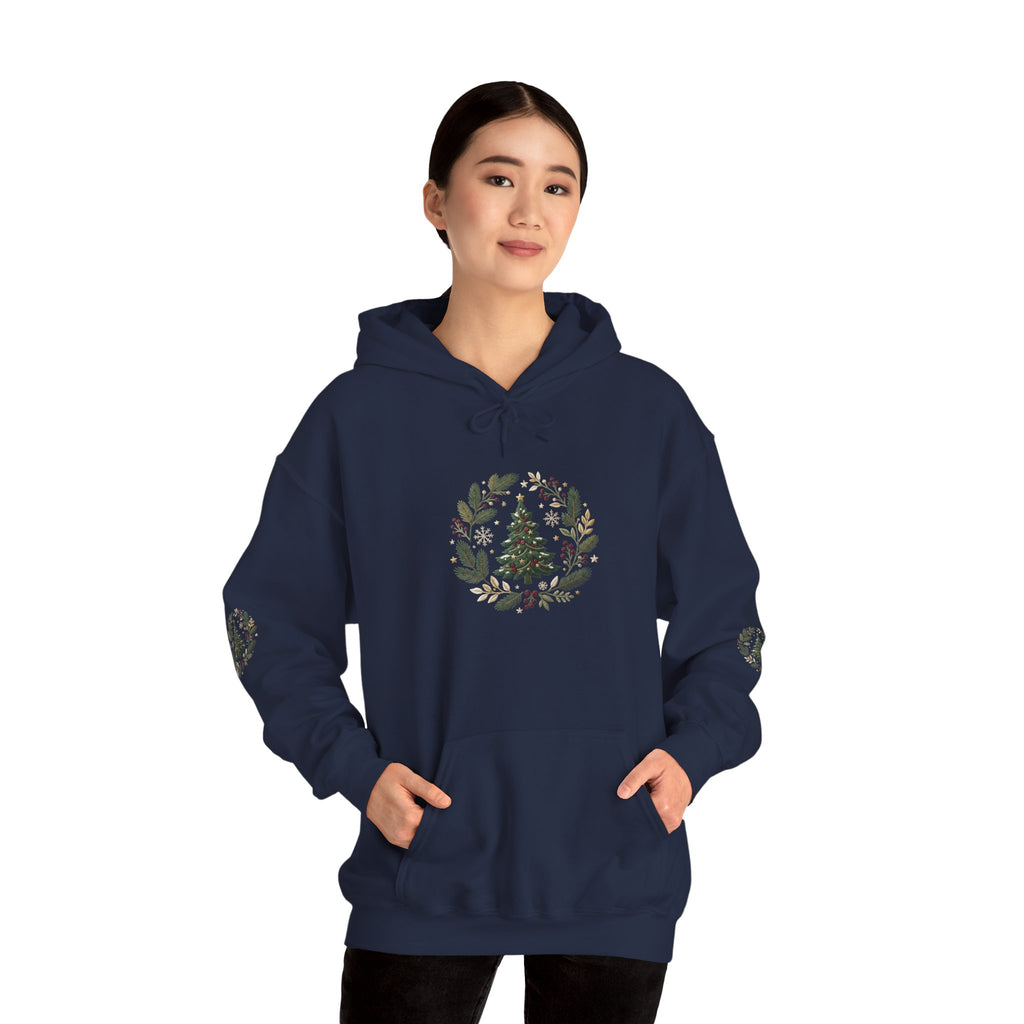 Christmas Tree Wreath Hoodie — Festive Botanical Sweatshirt, 50/50 Cotton-Poly, Unisex