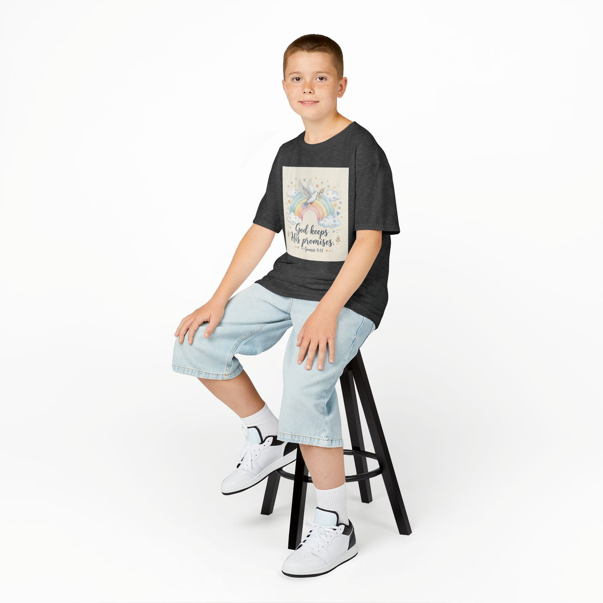 Christian Kids T-Shirt — "God Keeps His Promises" Rainbow Dove Tee | Psalm 145:13