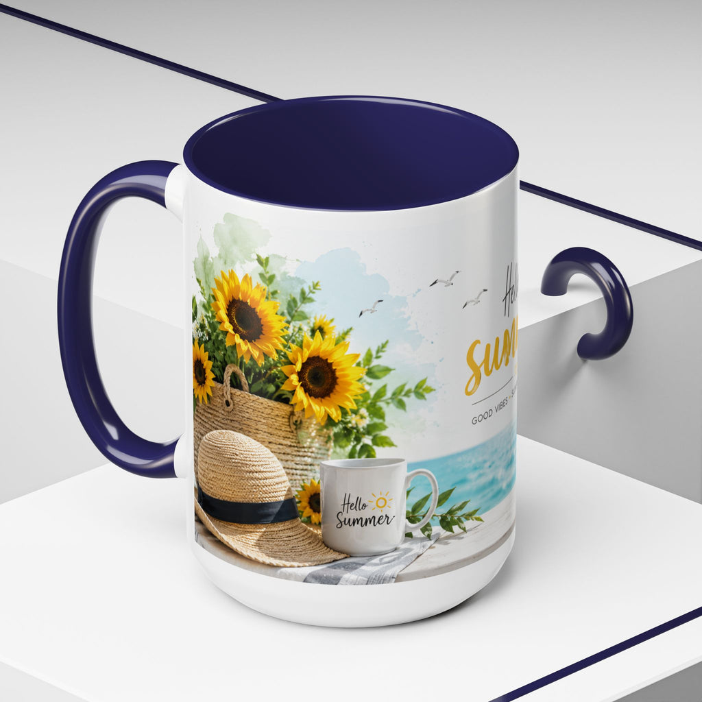Hello Summer Accent Coffee Mug — Beach Vibes Lemon Palm Coastal Ceramic Mug (11/15oz)