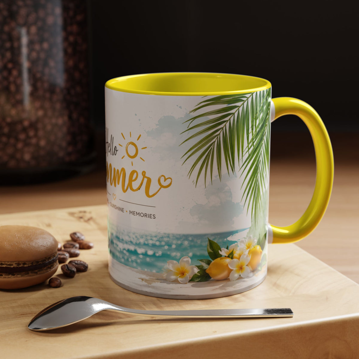 Hello Summer Accent Coffee Mug — Beach Vibes Lemon Palm Coastal Ceramic Mug (11/15oz)