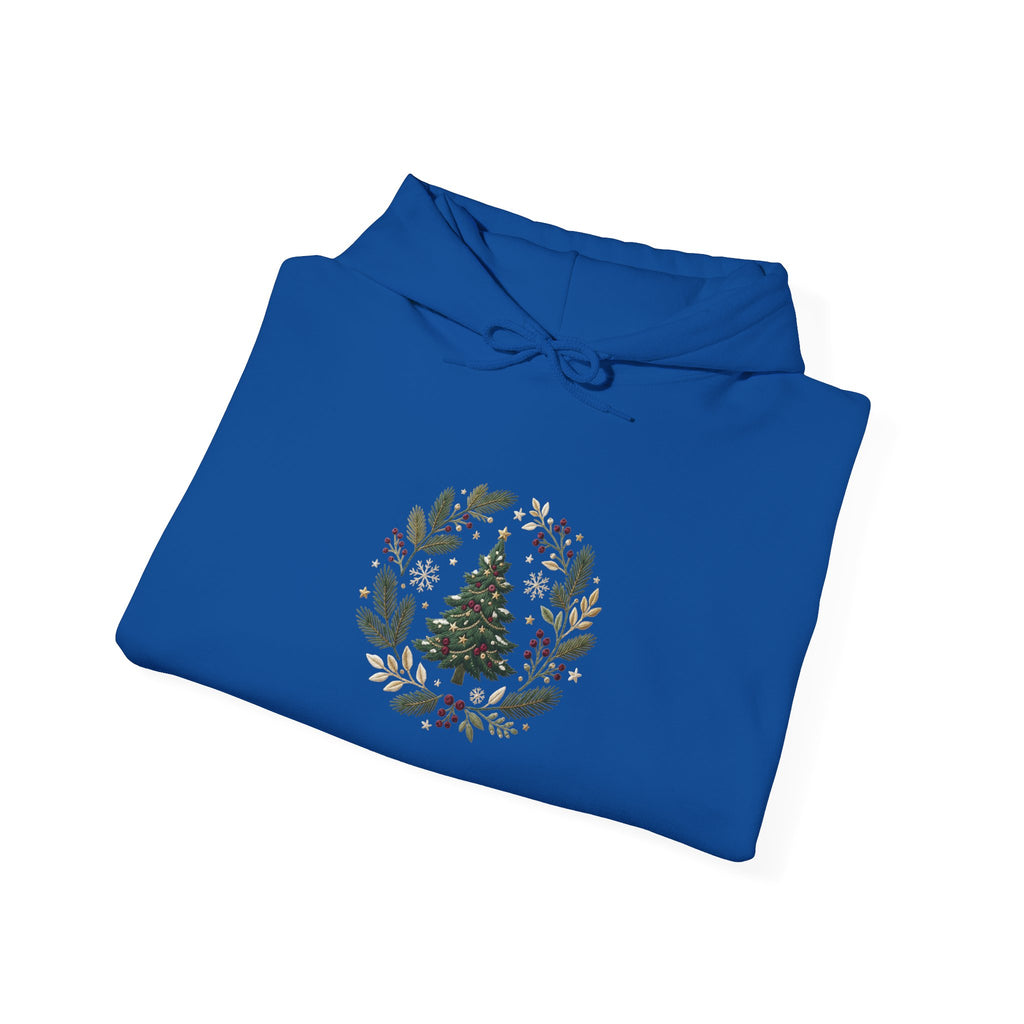 Christmas Tree Wreath Hoodie — Festive Botanical Sweatshirt, 50/50 Cotton-Poly, Unisex