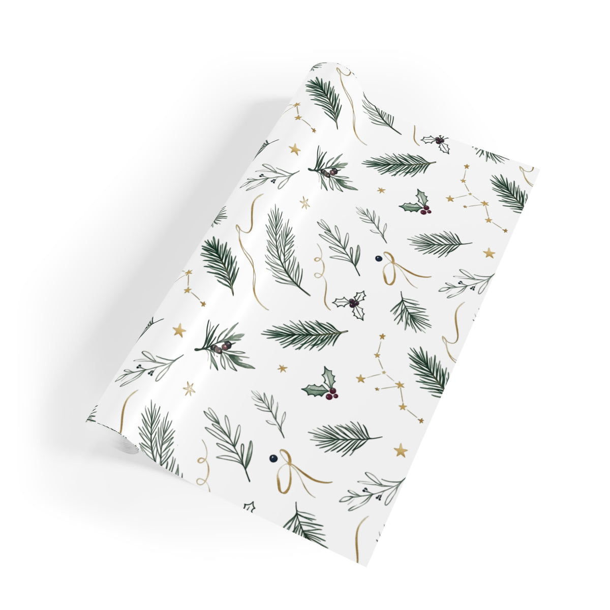 Christmas Wrapping Paper Roll — Pine Holly & Gold Botanical Gift Wrap, 95gsm Recyclable, 2 Sizes