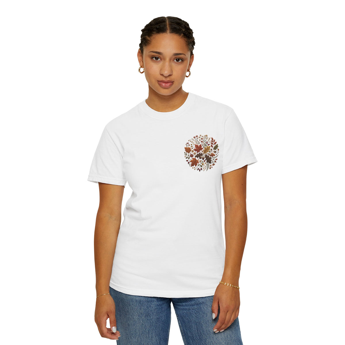 T-Shirt — Autumn Floral Wreath Tee (Fall Leaves Chest & Back Print)