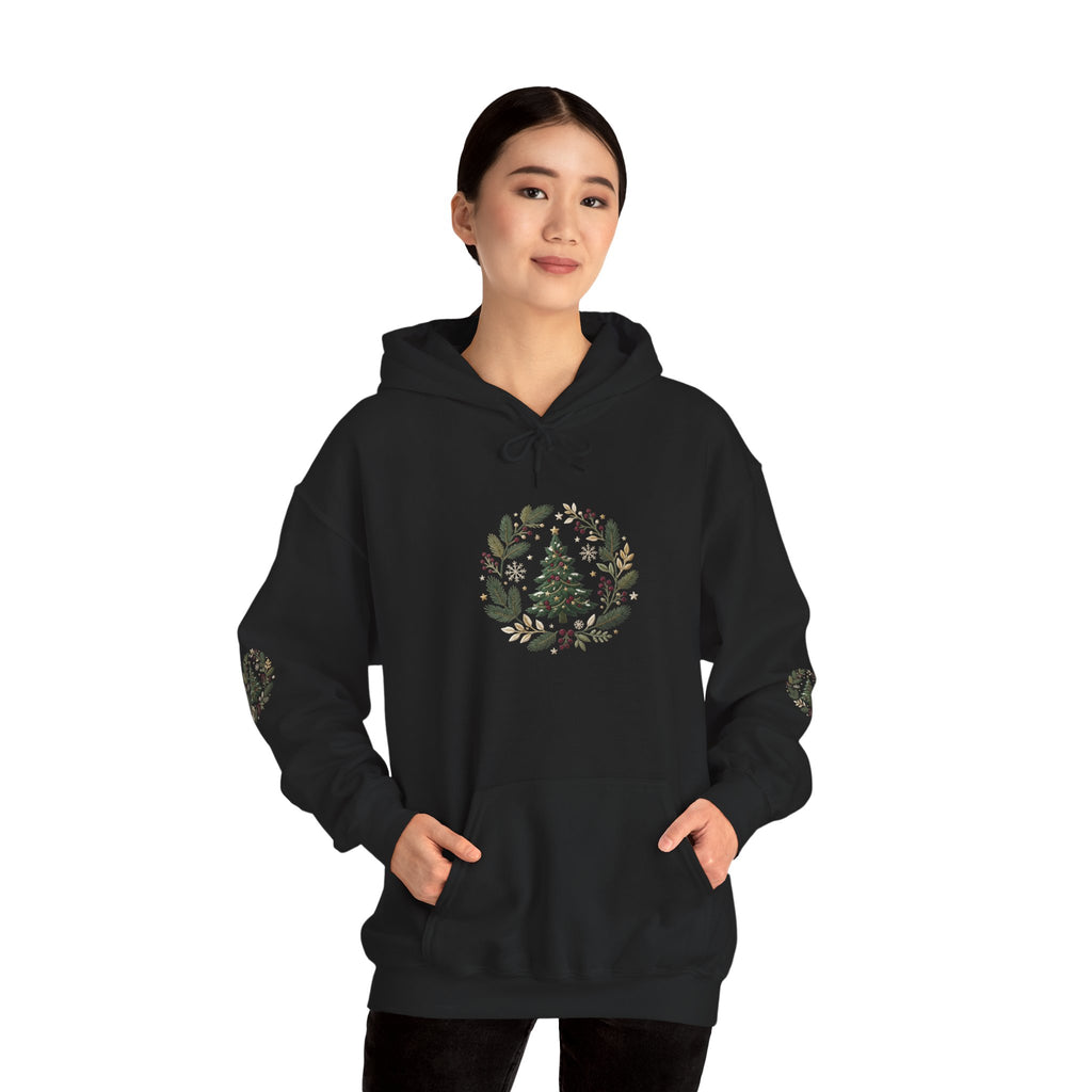 Christmas Tree Wreath Hoodie — Festive Botanical Sweatshirt, 50/50 Cotton-Poly, Unisex