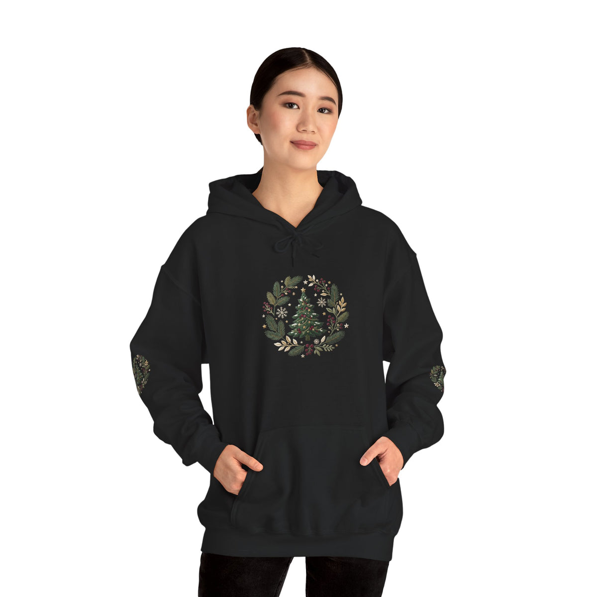 Christmas Tree Wreath Hoodie — Festive Botanical Sweatshirt, 50/50 Cotton-Poly, Unisex