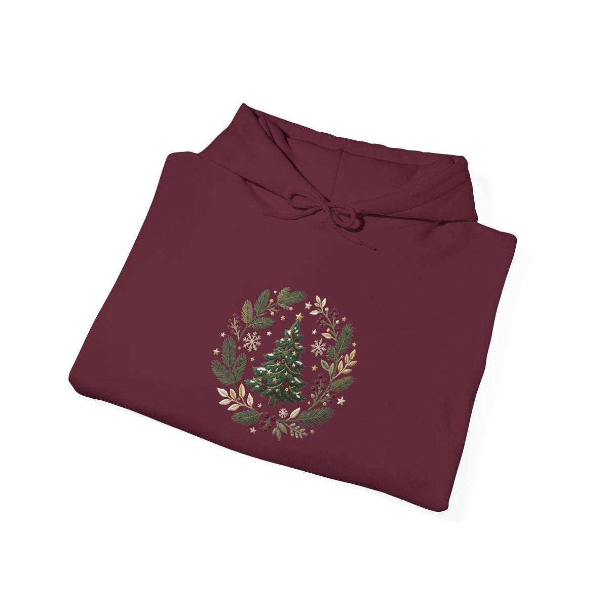 Christmas Tree Wreath Hoodie — Festive Botanical Sweatshirt, 50/50 Cotton-Poly, Unisex
