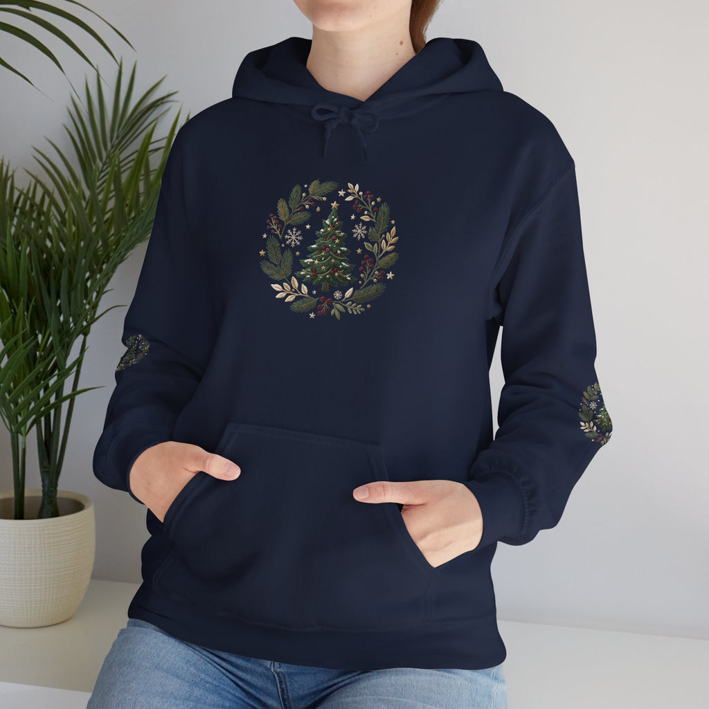 Christmas Tree Wreath Hoodie — Festive Botanical Sweatshirt, 50/50 Cotton-Poly, Unisex