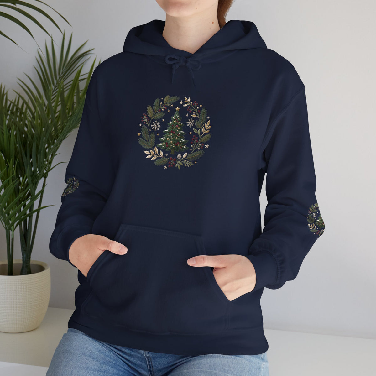 Christmas Tree Wreath Hoodie — Festive Botanical Sweatshirt, 50/50 Cotton-Poly, Unisex