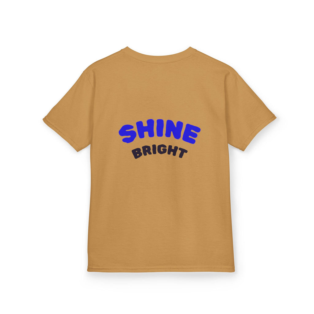 Kids Tee — "Be Kind, Be Cool" Dinosaur Graphic with "Shine Bright" Back