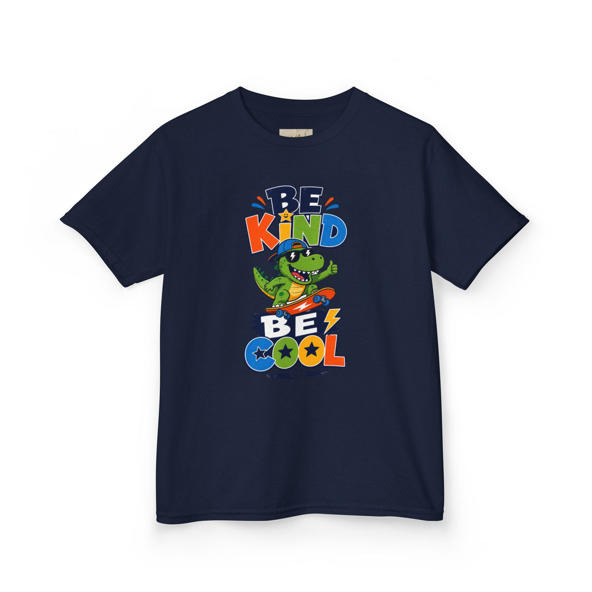 Kids Tee — "Be Kind, Be Cool" Dinosaur Graphic with "Shine Bright" Back