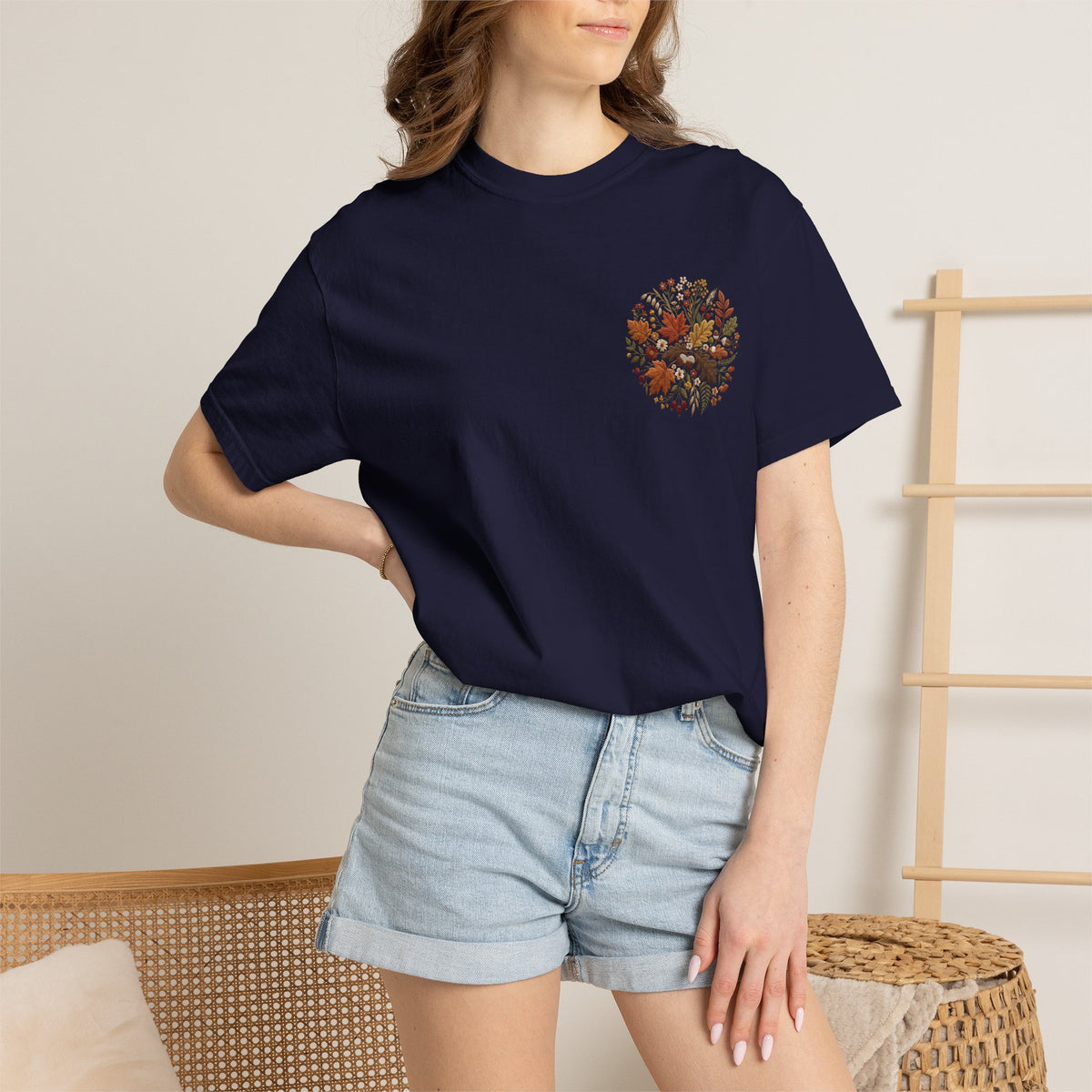 T-Shirt — Autumn Floral Wreath Tee (Fall Leaves Chest & Back Print)