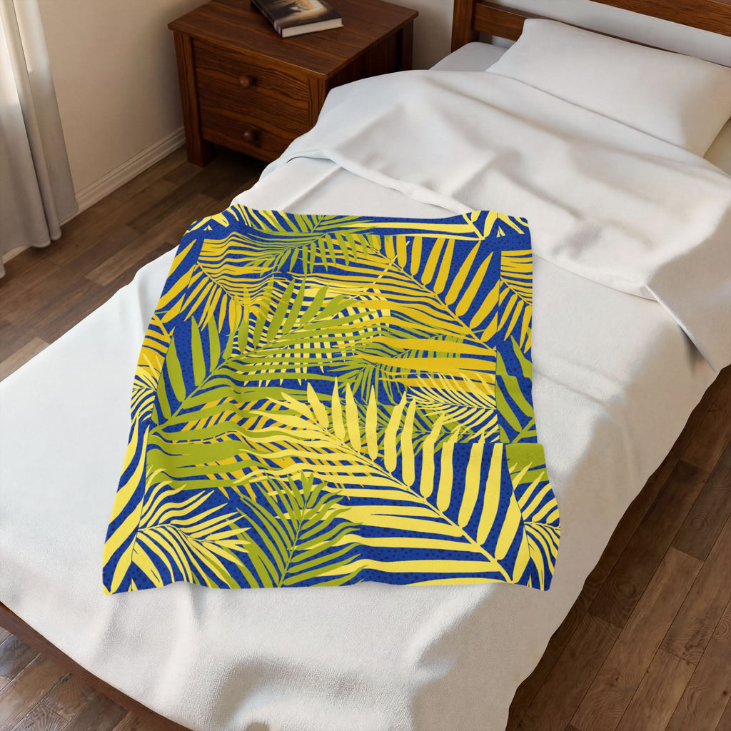 Tropical Palm Velveteen Plush Blanket — Blue & Yellow Leaf Throw