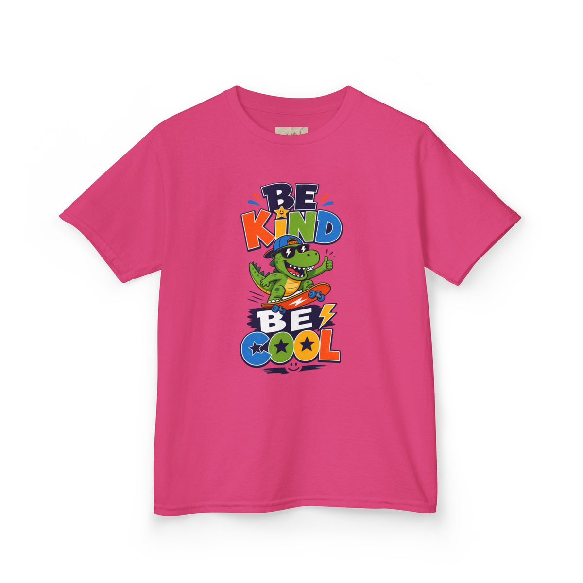 Kids Tee — "Be Kind, Be Cool" Dinosaur Graphic with "Shine Bright" Back