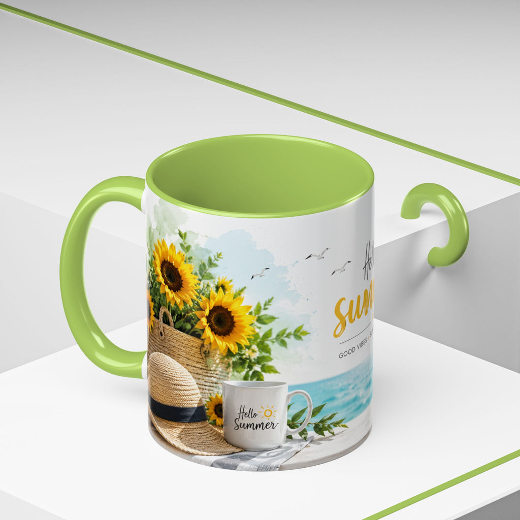 Hello Summer Accent Coffee Mug — Beach Vibes Lemon Palm Coastal Ceramic Mug (11/15oz)