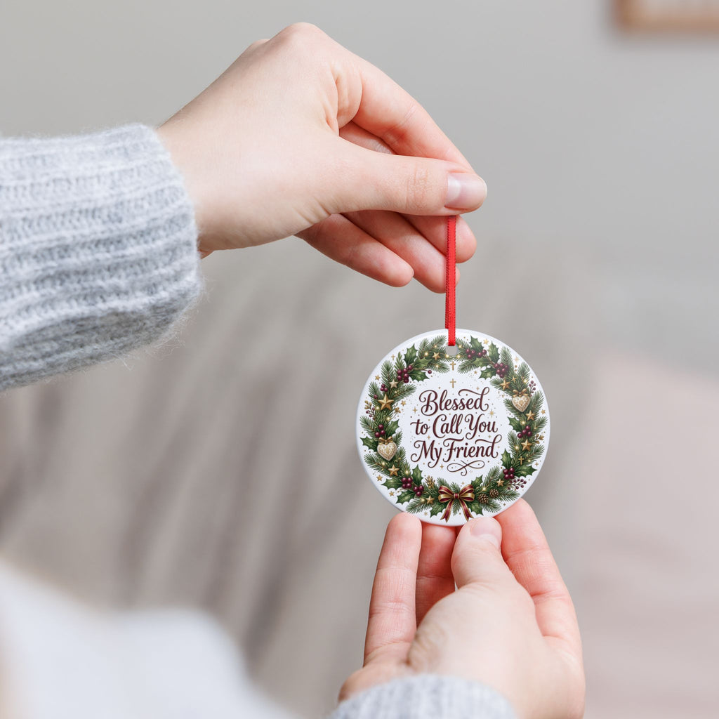 Ceramic Christmas Ornament — Blessed Friend Wreath Holiday Decoration, Double-Sided Matte White