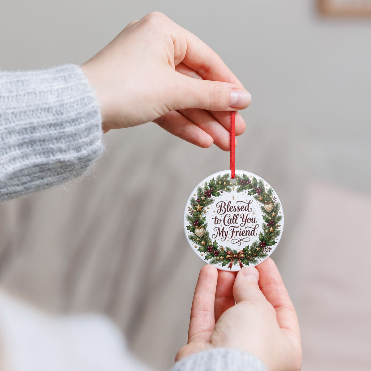 Ceramic Christmas Ornament — Blessed Friend Wreath Holiday Decoration, Double-Sided Matte White