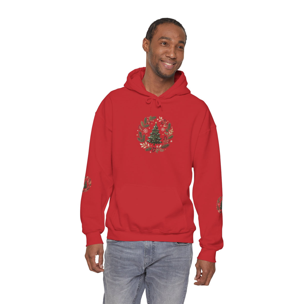 Christmas Tree Wreath Hoodie — Festive Botanical Sweatshirt, 50/50 Cotton-Poly, Unisex