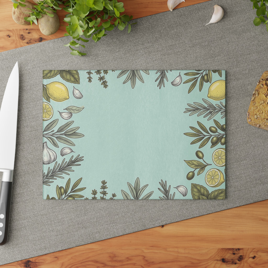 Herb & Lemon Glass Cutting Board — Decorative Kitchen Chopping Board