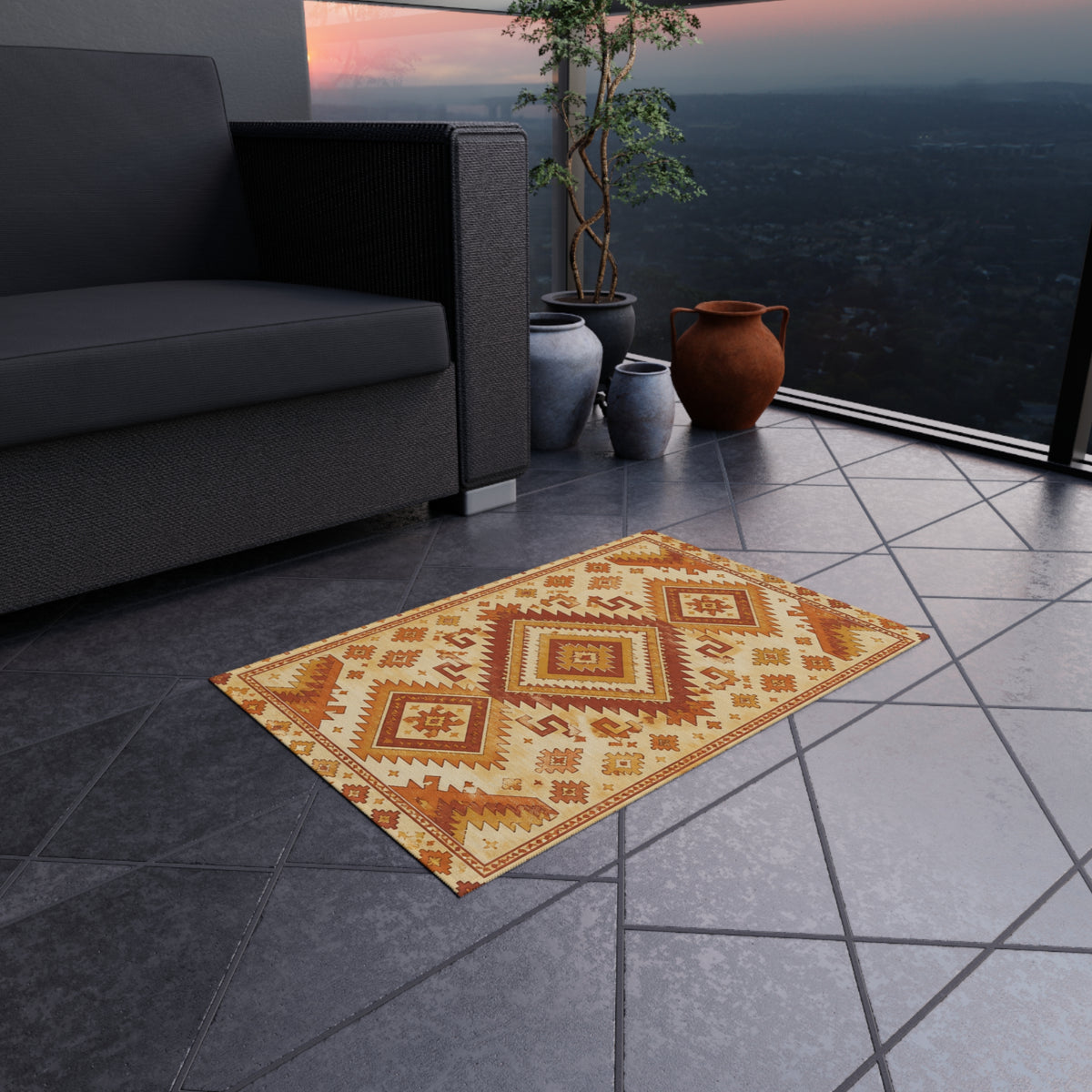 Southwestern Outdoor Rug — Rust & Gold Geometric Patio Mat