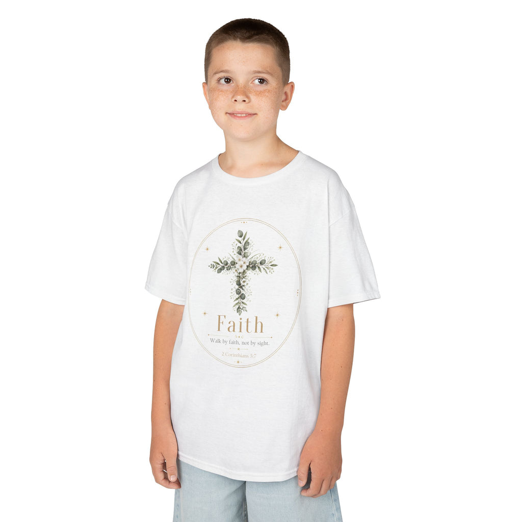 Kids Tee — Floral Cross “Faith” Christian Shirt for Children (Easter, Baptism, Church)