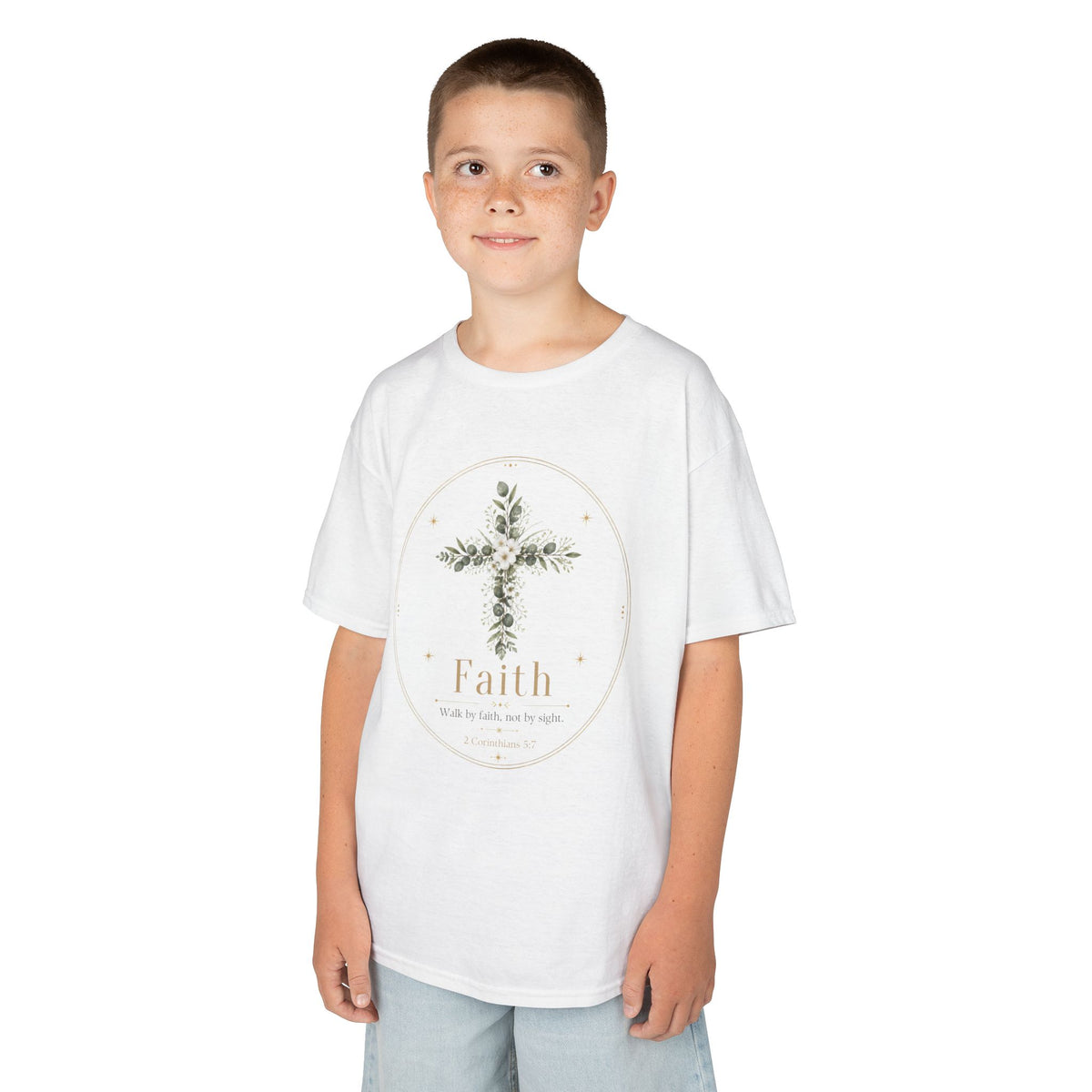 Kids Tee — Floral Cross “Faith” Christian Shirt for Children (Easter, Baptism, Church)