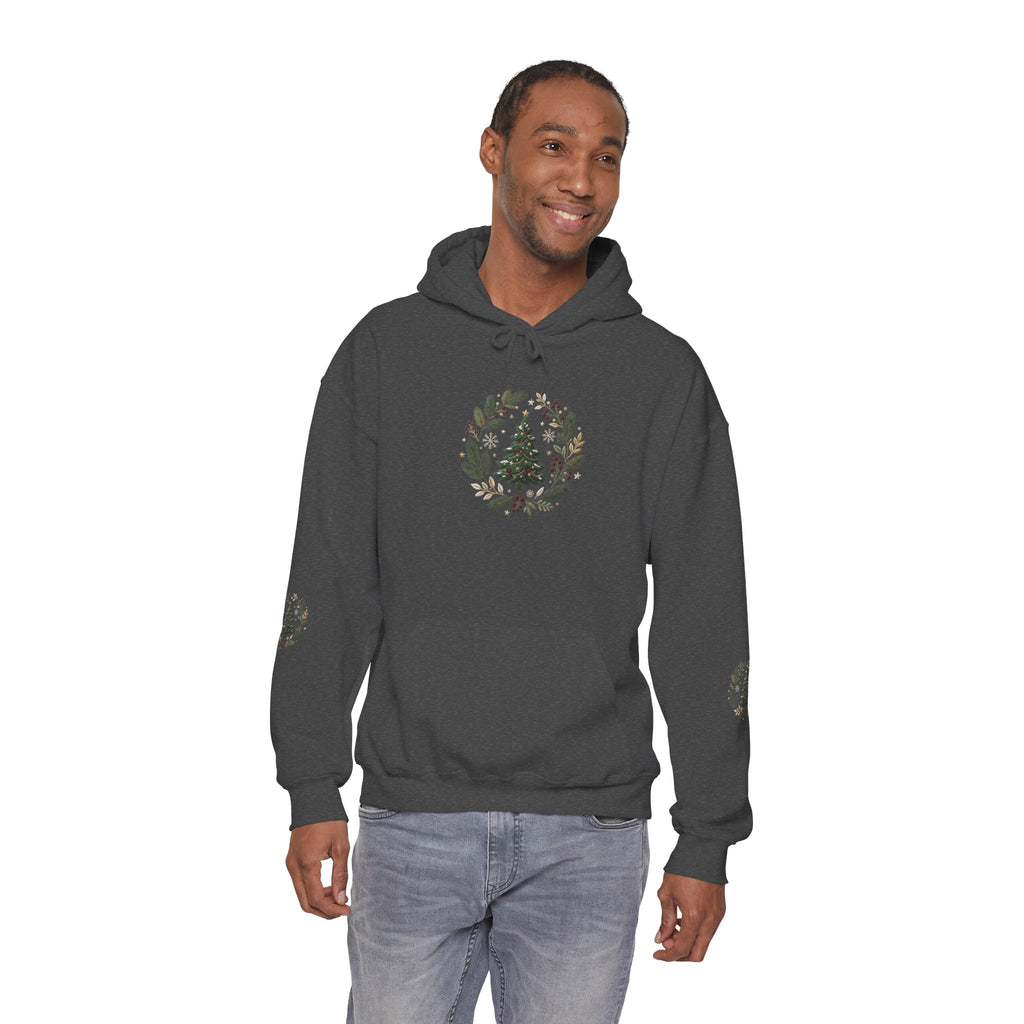 Christmas Tree Wreath Hoodie — Festive Botanical Sweatshirt, 50/50 Cotton-Poly, Unisex