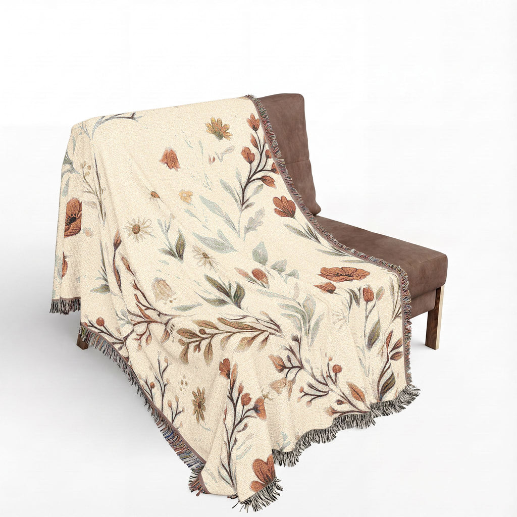 Floral Woven Blanket — Vintage Botanical Throw with Fringe