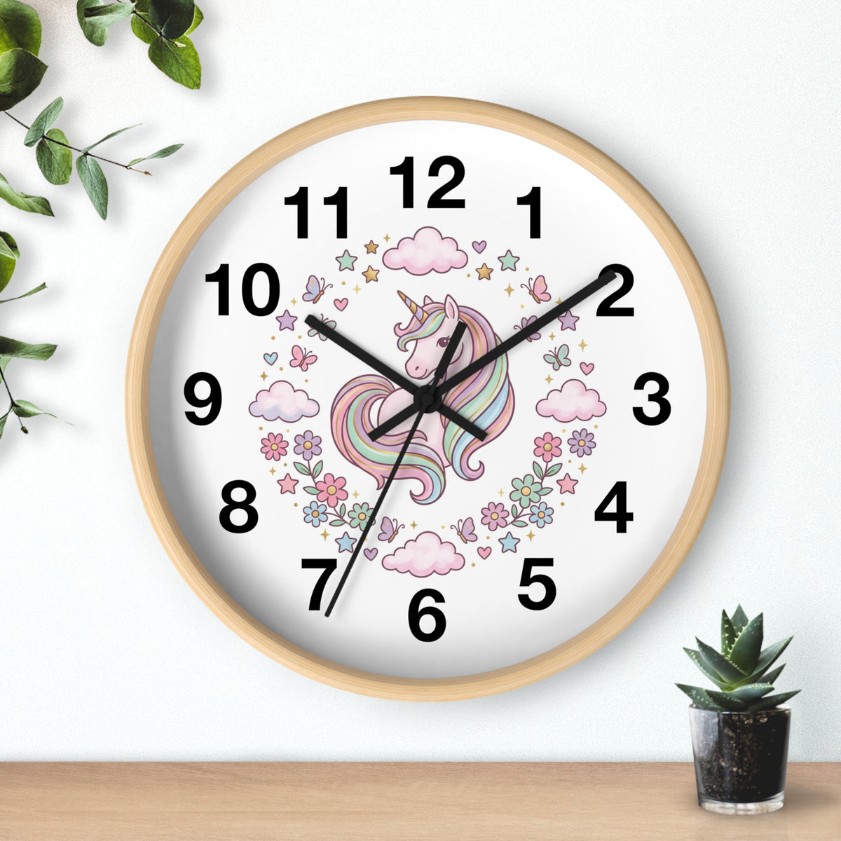 Unicorn Wall Clock — Pastel Rainbow Kids Room Clock with Clouds & Flowers