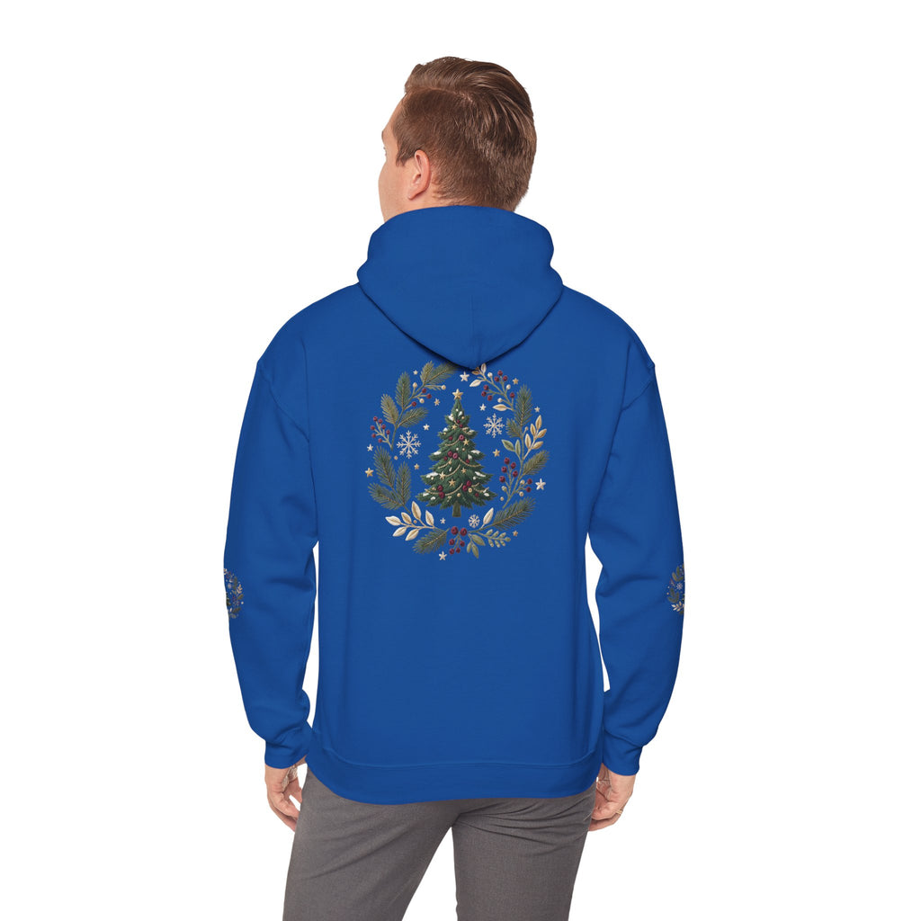 Christmas Tree Wreath Hoodie — Festive Botanical Sweatshirt, 50/50 Cotton-Poly, Unisex