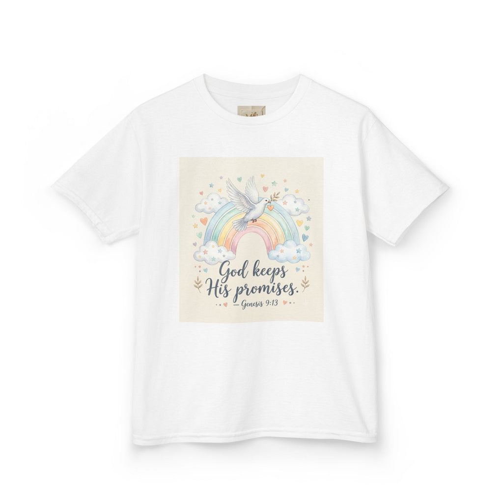 Christian Kids T-Shirt — "God Keeps His Promises" Rainbow Dove Tee | Psalm 145:13