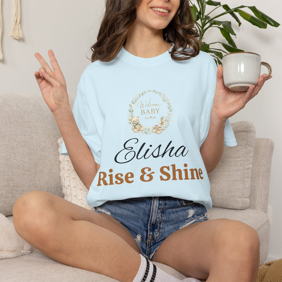 Personalized 'Rise & Shine' T-Shirt — Custom Name Floral Monogram Tee