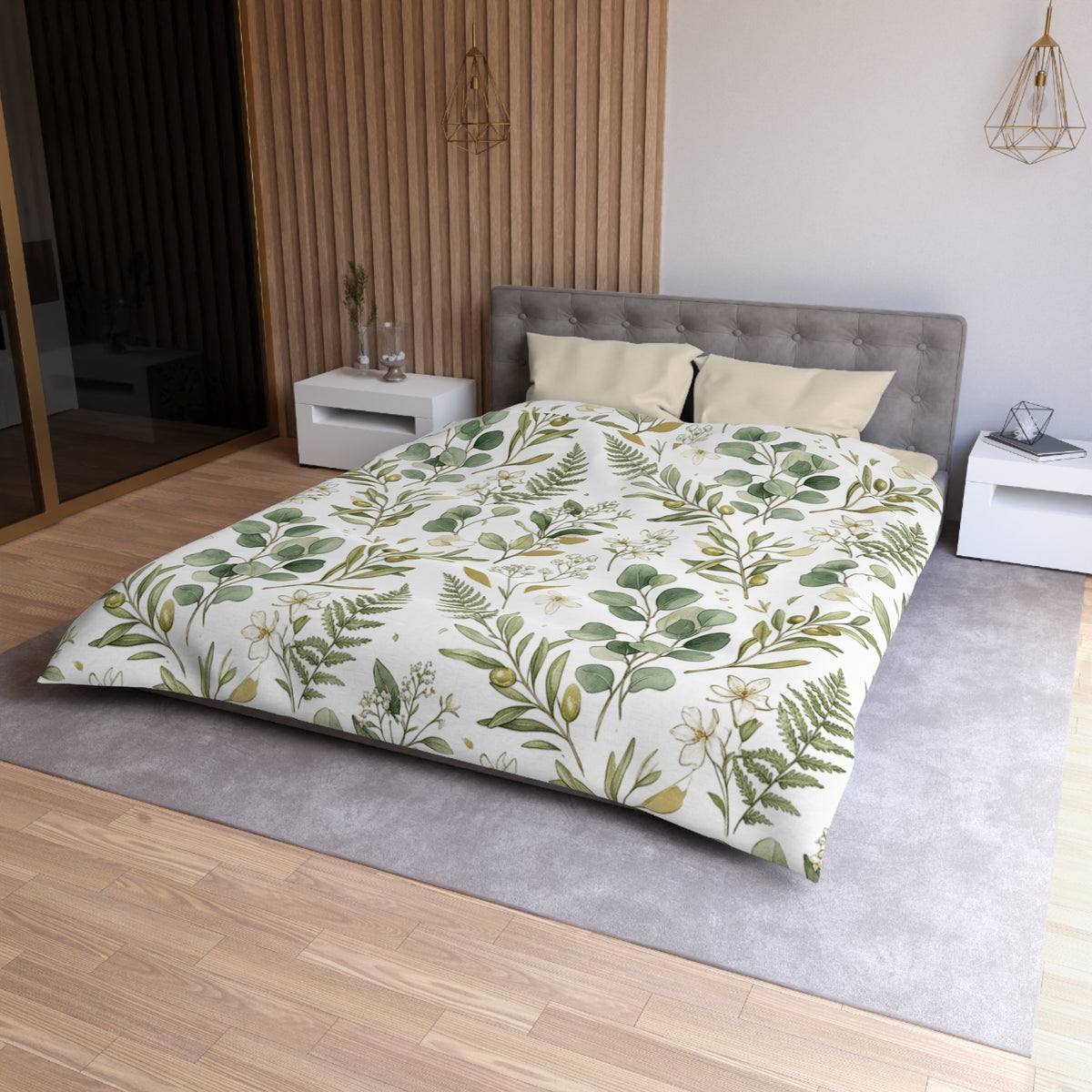 Botanical Eucalyptus Duvet Cover — Green Fern & Floral Microfiber Bedding