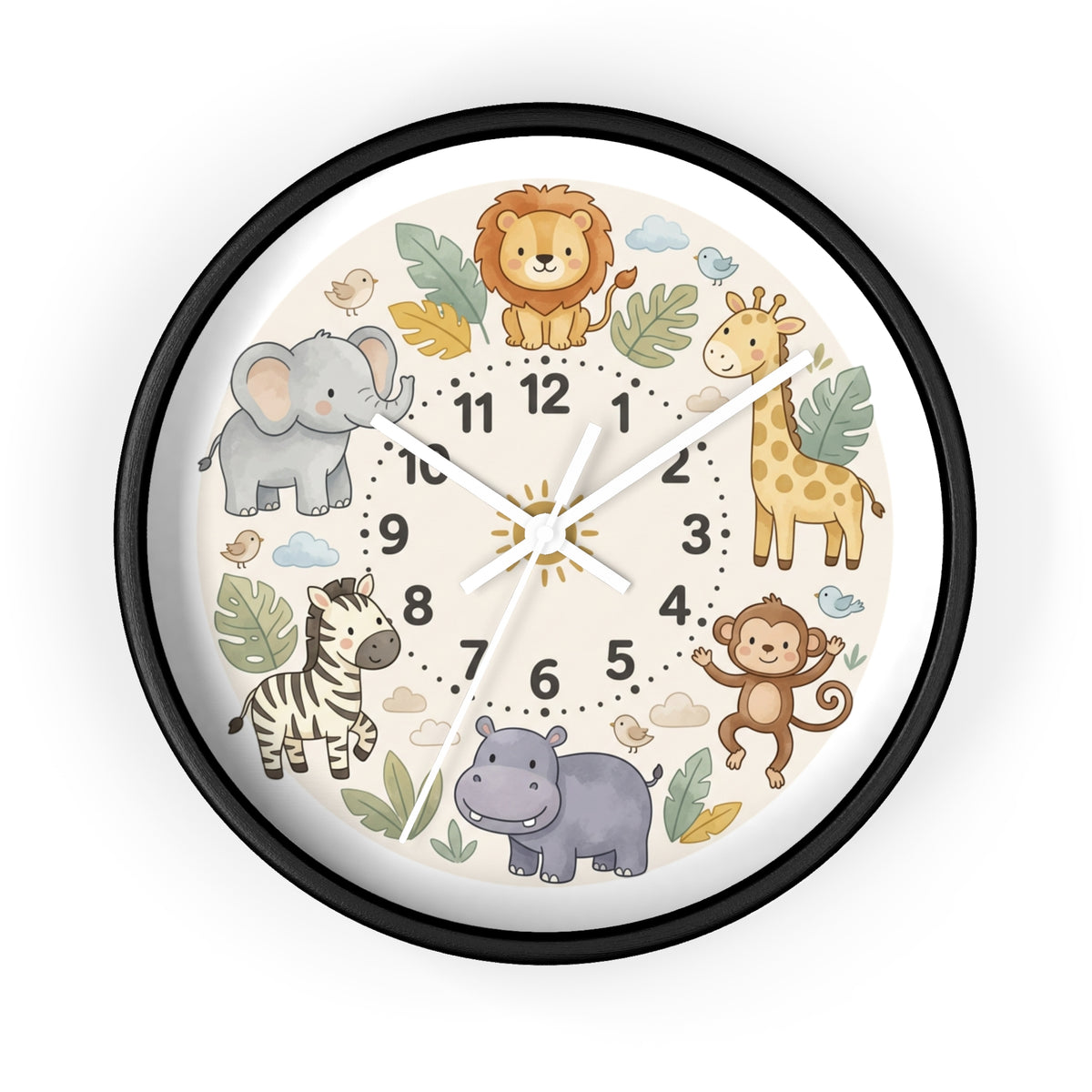 Safari Friends Nursery Wall Clock — Cute Jungle Animal Kids Clock