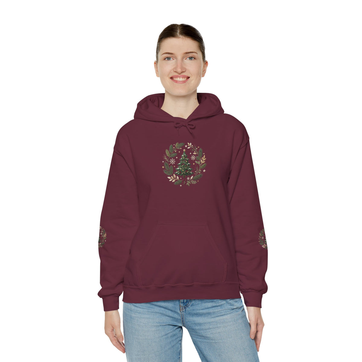 Christmas Tree Wreath Hoodie — Festive Botanical Sweatshirt, 50/50 Cotton-Poly, Unisex