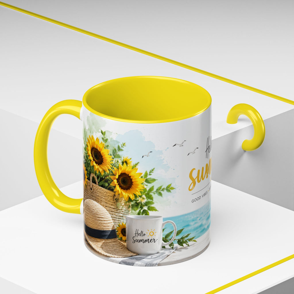 Hello Summer Accent Coffee Mug — Beach Vibes Lemon Palm Coastal Ceramic Mug (11/15oz)
