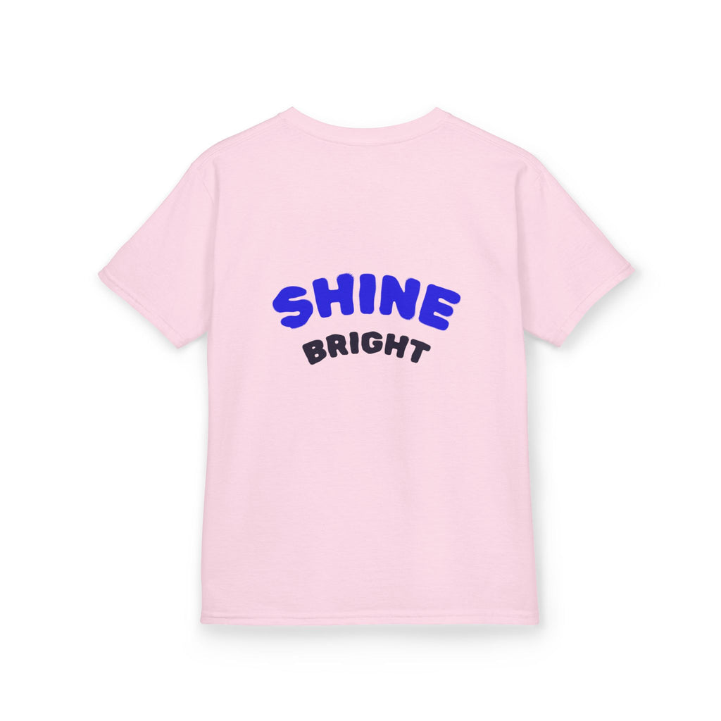 Kids Tee — "Be Kind, Be Cool" Dinosaur Graphic with "Shine Bright" Back