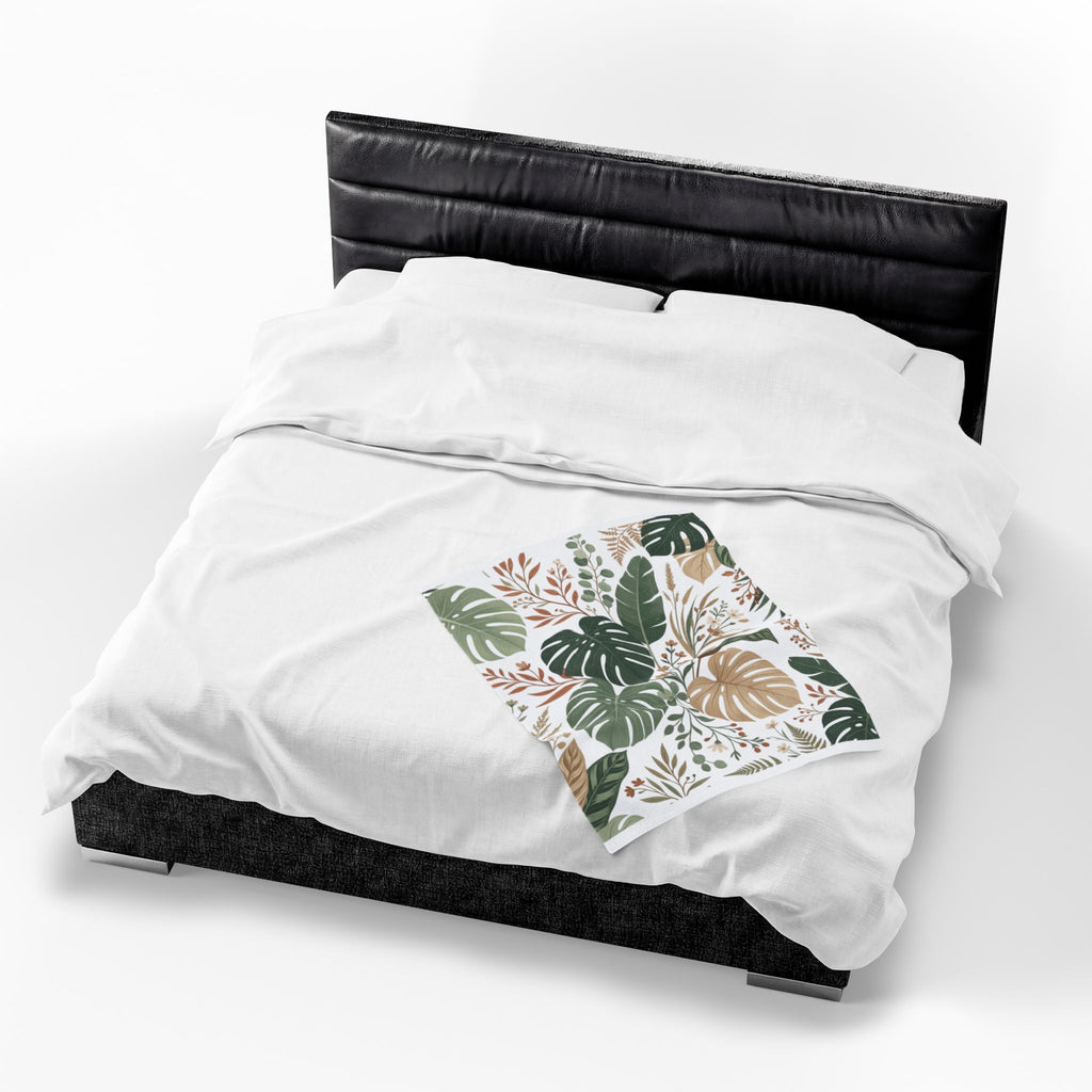 Botanical Monstera Velveteen Plush Blanket – Tropical Leaf Throw for Cozy Home Décor