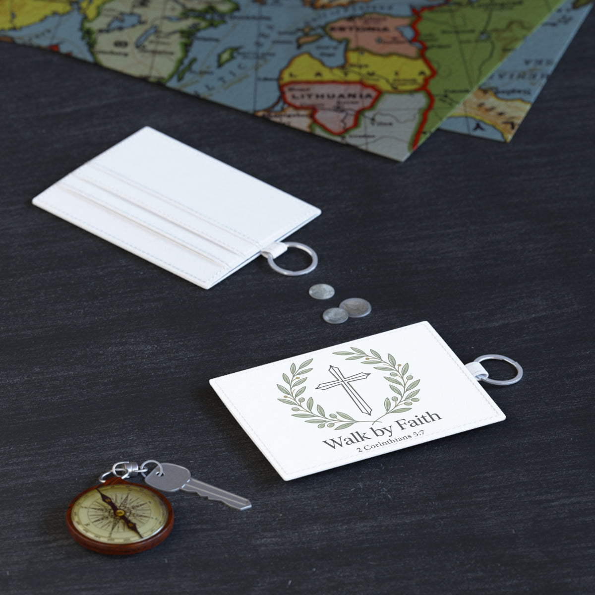 Faith Cross Card Holder — "Walk by Faith" Saffiano Leather Card Sleeve (2 Corinthians 5:7)