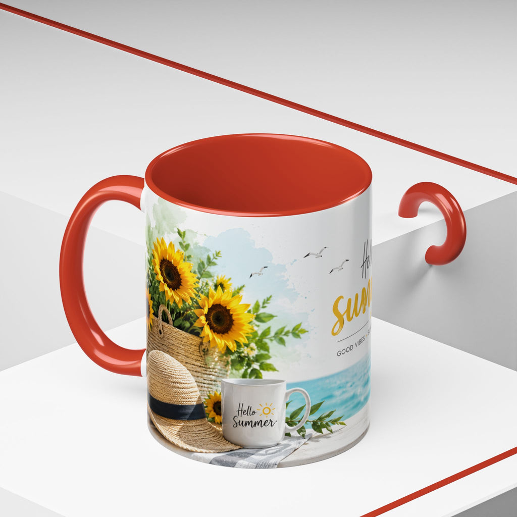 Hello Summer Accent Coffee Mug — Beach Vibes Lemon Palm Coastal Ceramic Mug (11/15oz)