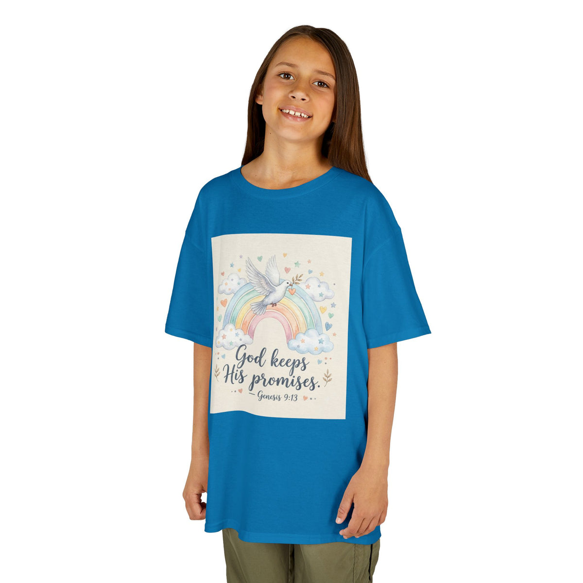 Christian Kids T-Shirt — "God Keeps His Promises" Rainbow Dove Tee | Psalm 145:13