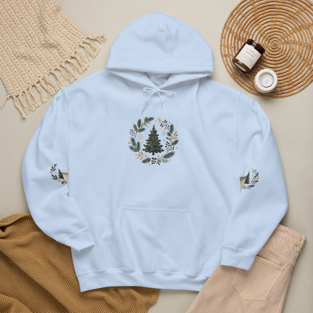 Christmas Tree Wreath Hoodie — Festive Botanical Sweatshirt, 50/50 Cotton-Poly, Unisex