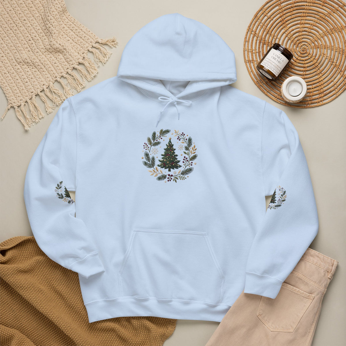Christmas Tree Wreath Hoodie — Festive Botanical Sweatshirt, 50/50 Cotton-Poly, Unisex