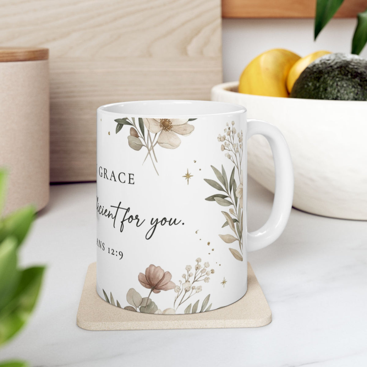 Rooted in Grace Ceramic Mug — 2 Corinthians 12:9 Floral Scripture Coffee Cup