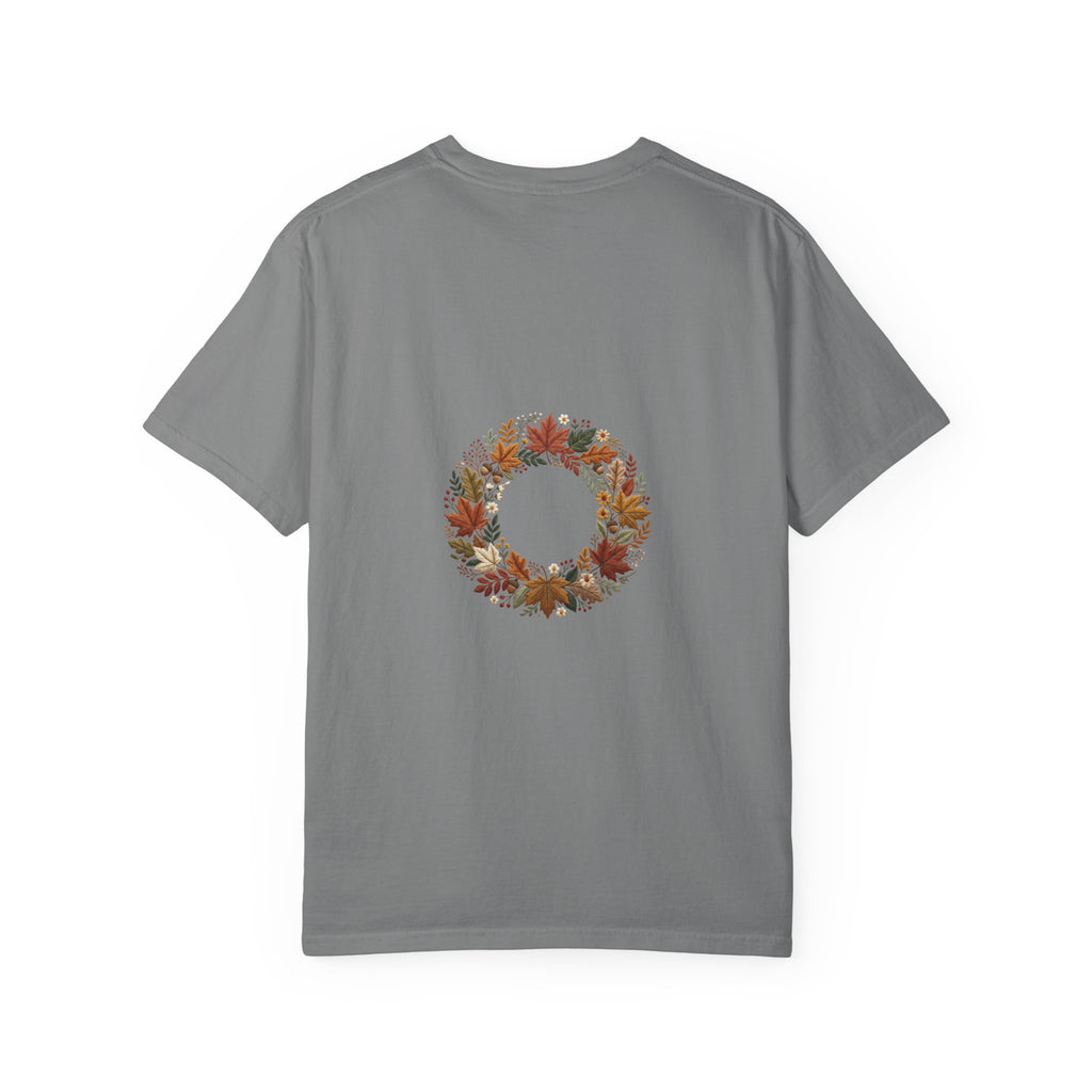 T-Shirt — Autumn Floral Wreath Tee (Fall Leaves Chest & Back Print)