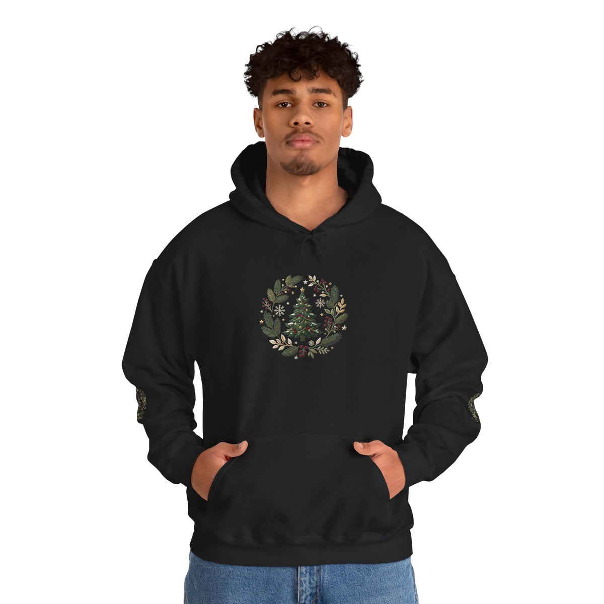 Christmas Tree Wreath Hoodie — Festive Botanical Sweatshirt, 50/50 Cotton-Poly, Unisex