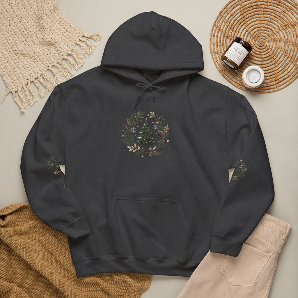 Christmas Tree Wreath Hoodie — Festive Botanical Sweatshirt, 50/50 Cotton-Poly, Unisex
