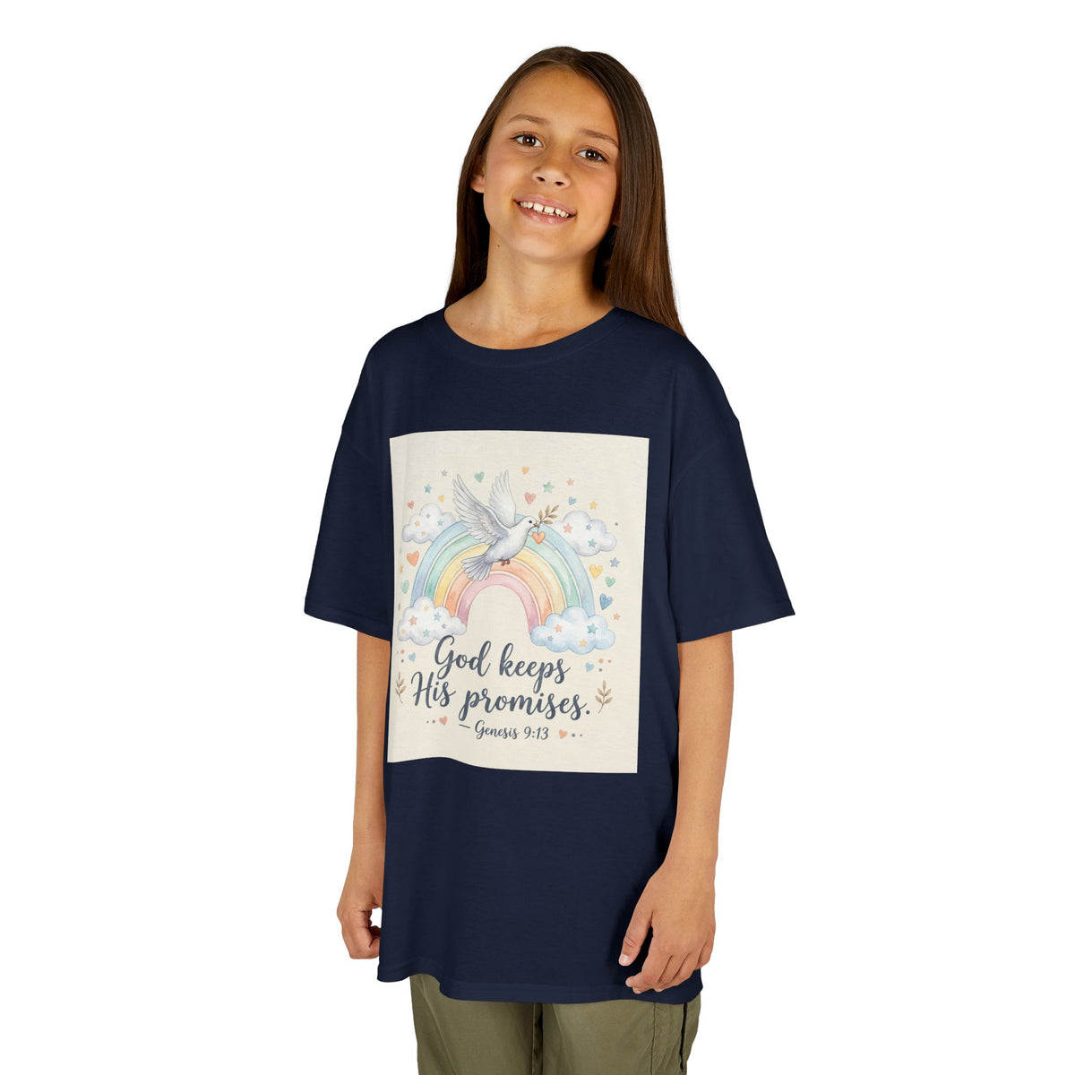 Christian Kids T-Shirt — "God Keeps His Promises" Rainbow Dove Tee | Psalm 145:13