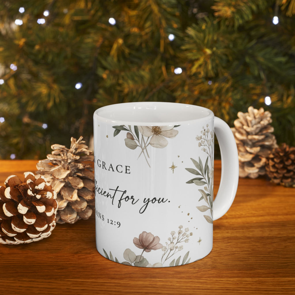 Rooted in Grace Ceramic Mug — 2 Corinthians 12:9 Floral Scripture Coffee Cup
