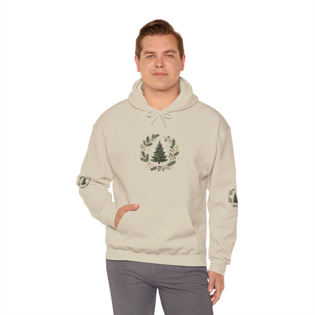 Christmas Tree Wreath Hoodie — Festive Botanical Sweatshirt, 50/50 Cotton-Poly, Unisex