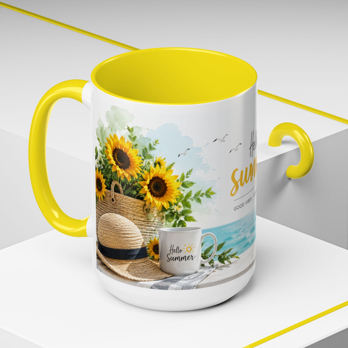 Hello Summer Accent Coffee Mug — Beach Vibes Lemon Palm Coastal Ceramic Mug (11/15oz)
